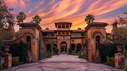 Obraz premium opulent Mediterranean mansion with a grand archway leading to a secluded garden, under a sky streaked with pink and orange hues