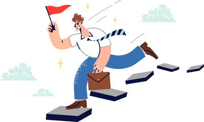 Man leader strives to achieve business goals and professional success, running along steps high in sky. Salesman guy with flag in hand takes risks to become leader among sales department employees.
