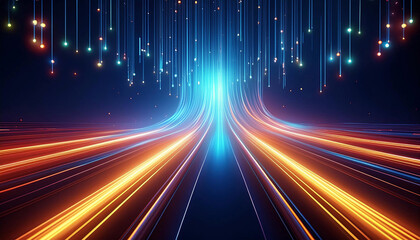 Obraz premium Optical data concept depicted by abstract glowing lines on a dark background. The high speed, vast capacity data transmission enabled by optical fiber technology in today's digital age. Generative AI 