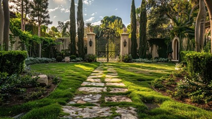 lush Mediterranean backyard with a stone pathway leading to an ornate iron gate, flanked by tall cypress trees