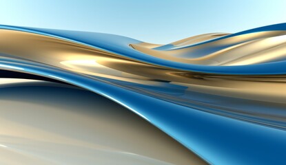 Blue and gold waves of curved shapes on a white background, rendered in 3D in the style of hd, high resolution.