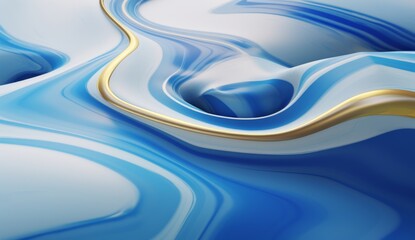Blue and gold waves of curved shapes on a white background, rendered in 3D in the style of hd, high resolution.