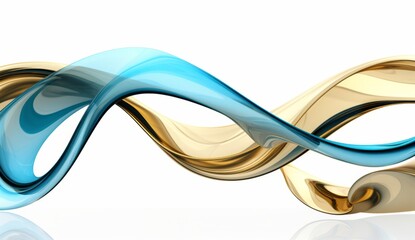 Blue and gold waves of curved shapes on a white background, rendered in 3D in the style of hd, high resolution.