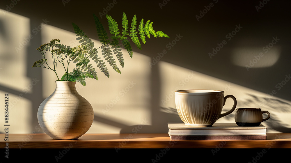 Poster sunlight casting shadows on a wooden shelf with a fern, a mug and books