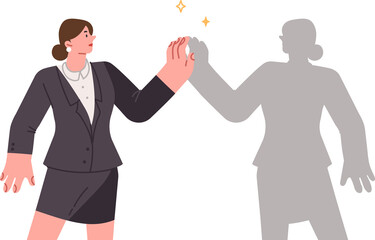 Alter ego of business woman standing near own shadow, as metaphor for exploring soul. Girl communicates with alternate personality and tries to use alter ego for professional life.