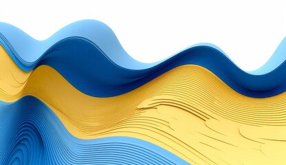 Blue and gold waves of curved shapes on a white background, rendered in 3D in the style of hd, high resolution.
