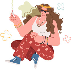 Pacifist woman smokes cannabis, enjoying life and participating in hippie subculture. Young pacifist girl holds cigarette with hashish seeds to achieve nirvana and get rid of bad thoughts.