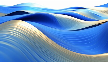 Blue and gold waves of curved shapes on a white background, rendered in 3D in the style of hd, high resolution.