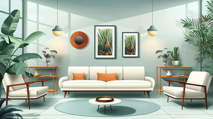 Modern living room interior with sofa, armchairs and tropical houseplants
