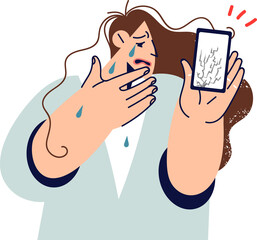 Crying woman demonstrates phone with broken display or protective film after gadget fell to ground. Damaged phone needs expensive repairs and replacement of touch screen to restore functionality