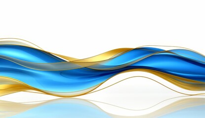 Blue and gold waves of curved shapes on a white background, rendered in 3D in the style of hd, high resolution.