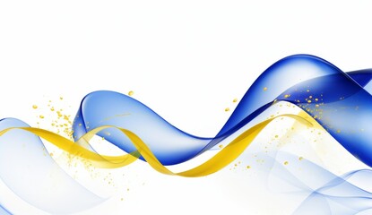 Blue and gold waves of curved shapes on a white background, rendered in 3D in the style of hd, high resolution.