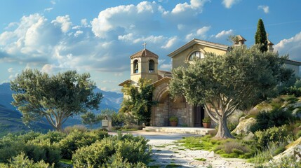 Naklejka premium Mediterranean estate with a private chapel, featuring traditional architecture and a small bell tower, nestled among olive groves