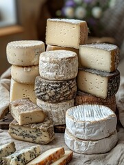 Cheese collection. Сlose-up view, a variety of different cheeses, stacked