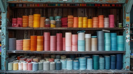 Colorful yarn spools on wooden shelves - generative ai