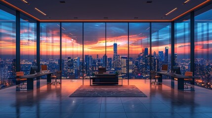 Futuristic cityscape with glowing lights and skyscrapers at sunset - generative ai