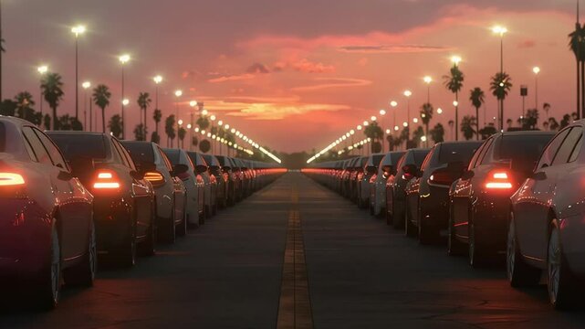 An endless line of cars on a busy street meets a fiery sky, where streetlights and taillights merge with the golden horizon in a symphony of evening rush hour.	
