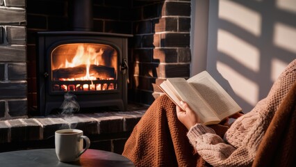 A person sitting in front of a fire place reading and drinking coffee, AI