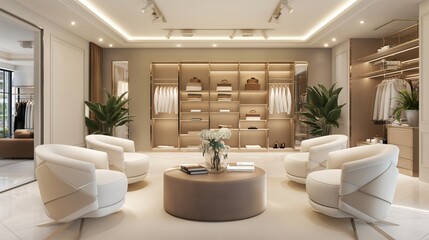 Luxurious walk-in closet with elegant seating area, well-organized shelves, modern lighting, and minimalistic yet sophisticated decor.