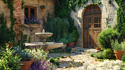 Fototapeta premium quaint Mediterranean cottage with a secret garden filled with fragrant herbs and a small, stone fountain