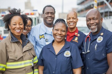 Group of diverse professionals, including healthcare workers and engineers, with city background. This image can be used to illustrate unity, diversity, and the importance of different professions