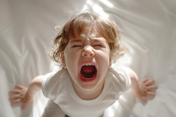 A toddler screaming in frustration, captured in a moment of emotional intensity against a white background