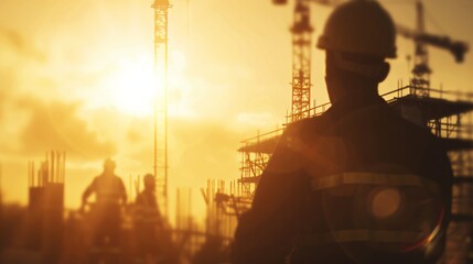 Construction workers at a building site during sunrise on Labor Day. This image captures the dedication and hard work of laborers on a significant day