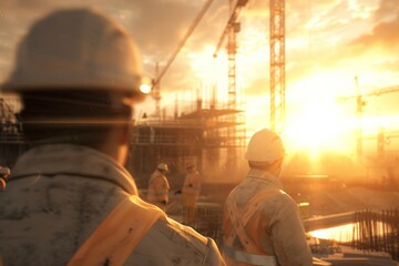 Construction workers at a building site during sunrise on Labor Day. This image captures the dedication and hard work of laborers on a significant day