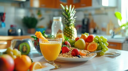 A healthy breakfast on a table, consisting of oatmeal with fruits, a smoothie, and fresh vegetables. The background is a kitchen. It is perfect for content related to diet, healthy eating, and fitness