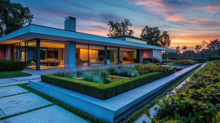 Villa with sleek lines and garden at twilight.