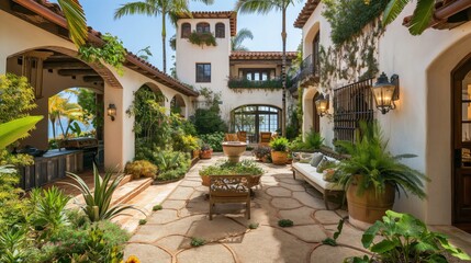 Fototapeta premium Mediterranean-style courtyard house with lush greenery, outdoor seating, and traditional architecture including terra cotta tiles and arched doorways.