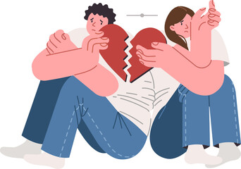 Quarreling couple of man and woman breaking hearts, concept end of love due to betrayal in married life. Completion of relationship is caused by lack of common interests or social disorder in family