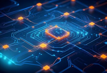 Fototapeta premium A futuristic circuit board with glowing orange nodes and interconnected lines, creating a complex and abstract technological landscape against a dark blue background