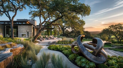 Modern ranch with an expansive outdoor art installation that changes with the seasons, providing an ever-evolving backdrop to the home