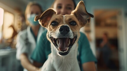 Happy dog at veterinarian clinic