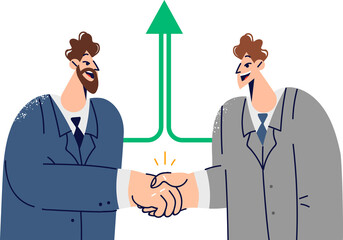 Handshake of business people agreeing on partnerships and mutual assistance in doing work, standing near up arrow. Partnerships between men on board to achieve corporate growth and progress