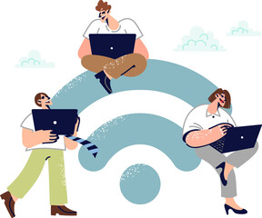 People near large WiFi symbol use laptops to perform remote work and receive online education. Office workers use WiFi network with free access to connect to carparative cloud or exchange media files