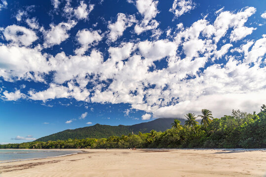 Picturesque tropical coastal sandy beach in Cape Tribulation, Queensland, Australia. Cape Tribulation is within Daintree National Park on Coral Sea.