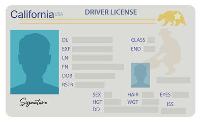California driver's license isolated on white background. Person driver license
