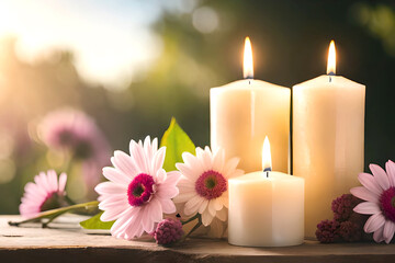 Bouquet of white flowers in a vase, candles on vintage copper tray, wedding home decor on a table. High creative ai