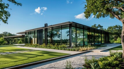 Modern ranch with a focus on transparency and light, featuring large glass panels that provide unobstructed views of the landscaped grounds
