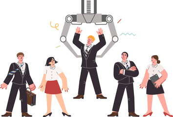 Robotic recruiting and selection of candidates for position using robot that lifts person. Automation of HR department in process of recruiting and training or team building for company