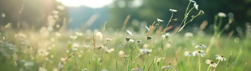 Naklejka premium Beautiful wildflower meadow bathed in soft sunlight, showcasing the delicate beauty of blooming white flowers against a blurred natural green background.