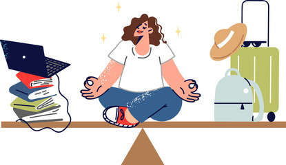 Woman student meditates and does yoga to maintain balance, sits on swing between objects for tourism and education. Girl achieves harmony or balance in life thanks to buddhist zen practices