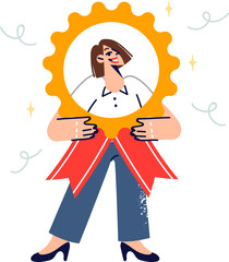 Business woman best employee of month holds large medal, showing off award for professional and career achievements. Girl received award after competition among company personnel and skills testing