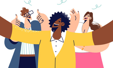 Multiethnic people take selfies at party and wave or show thumbs up showing great mood. Party for business men and women celebrating colleague birthday or corporate event for team building