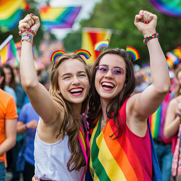 Personas LGBT alegres abrazadas con pu&ntilde;os en alto