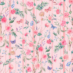 Watercolor rococo rose floral seamless pattern