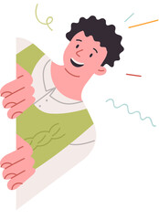 Inspired teenager looks out from behind wall, wanting to surprise friends as passed by. Promoter guy spies on potential clients to make surprise with advertisement or promote product.