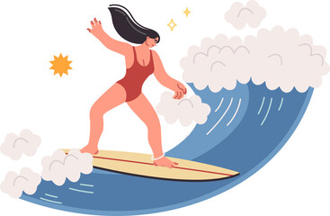 Woman doing surfing on sea waves, enjoying extreme sport during summer vacation on island. Surfer girl gets involved in surfing as hobby to maintain slim figure and take break from work.